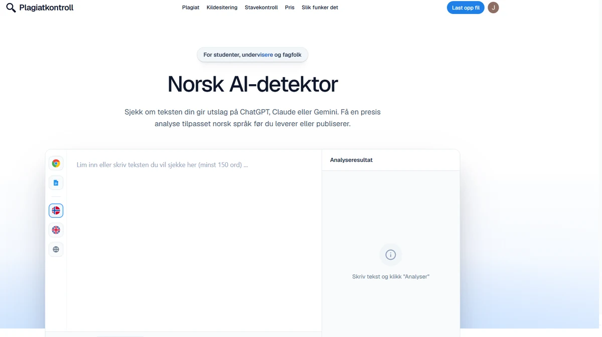 Skjermbilde av den norske AI-detektoren hos Plagiatkontroll, med innliming av tekst til venstre og analyseresultat til hoeyre